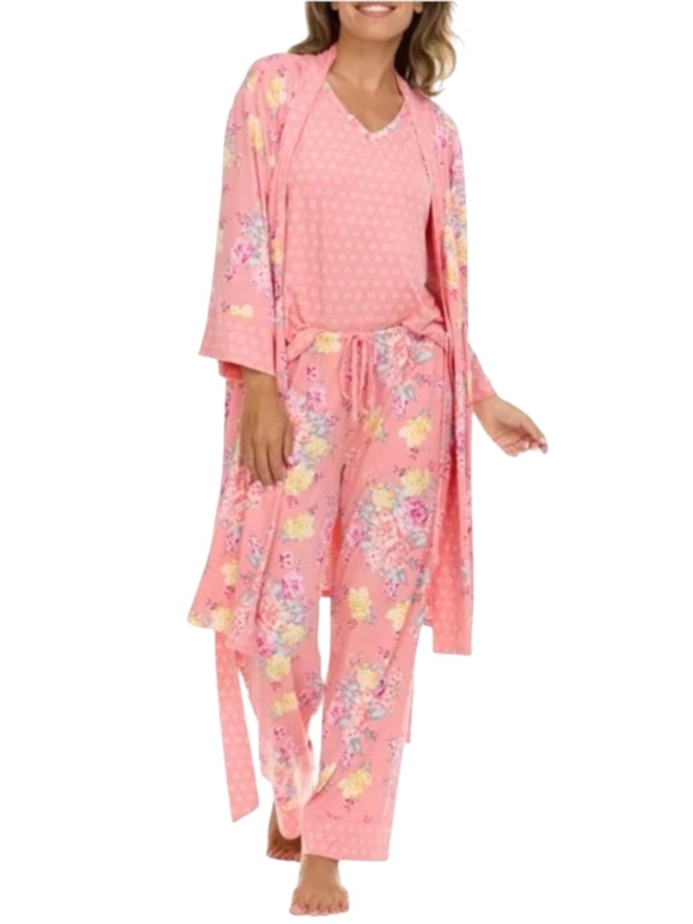FLORA NIKROOZ 3 Pc Pajama Sleep Set: Robe, Tank, Pants SMALL-- Robe Belt Missing